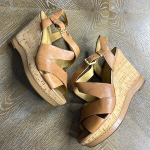 FRANCO SARTO Brown Leather Cork Platform Wedges 8